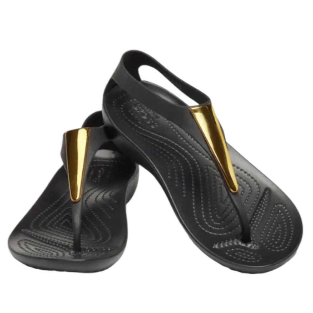 Crocs Women’s Serena Black Sandals with Gold Metallic Bar Size 6 NEW